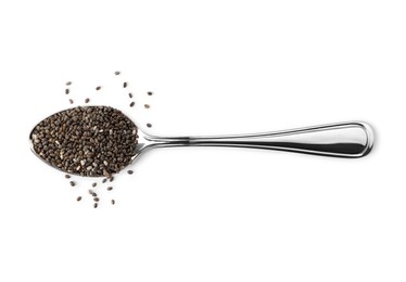 Photo of Spoon with chia seeds on white background, top view