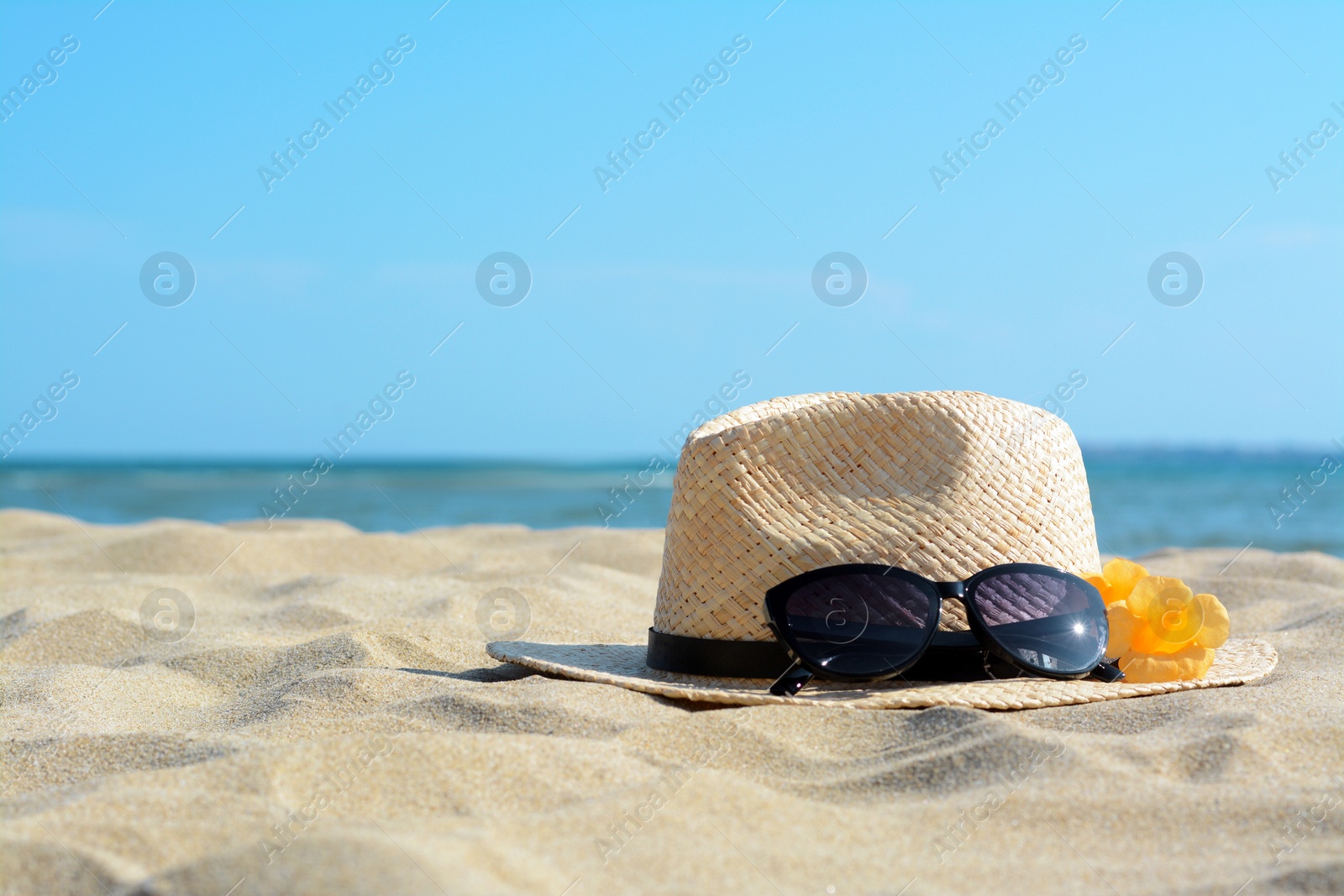 Photo of Hat with beautiful sunglasses and flowers on sand near sea. Space for text