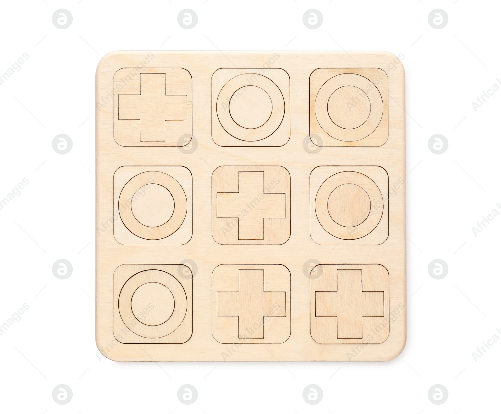 Photo of Wooden tic-tac-toe set on white background, top view