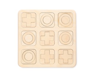 Photo of Wooden tic-tac-toe set on white background, top view