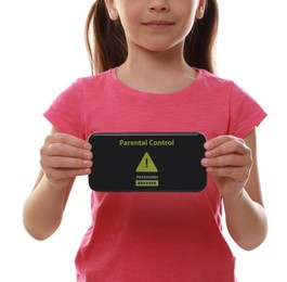 Child holding smartphone with installed parental control app on white background, closeup. Cyber safety