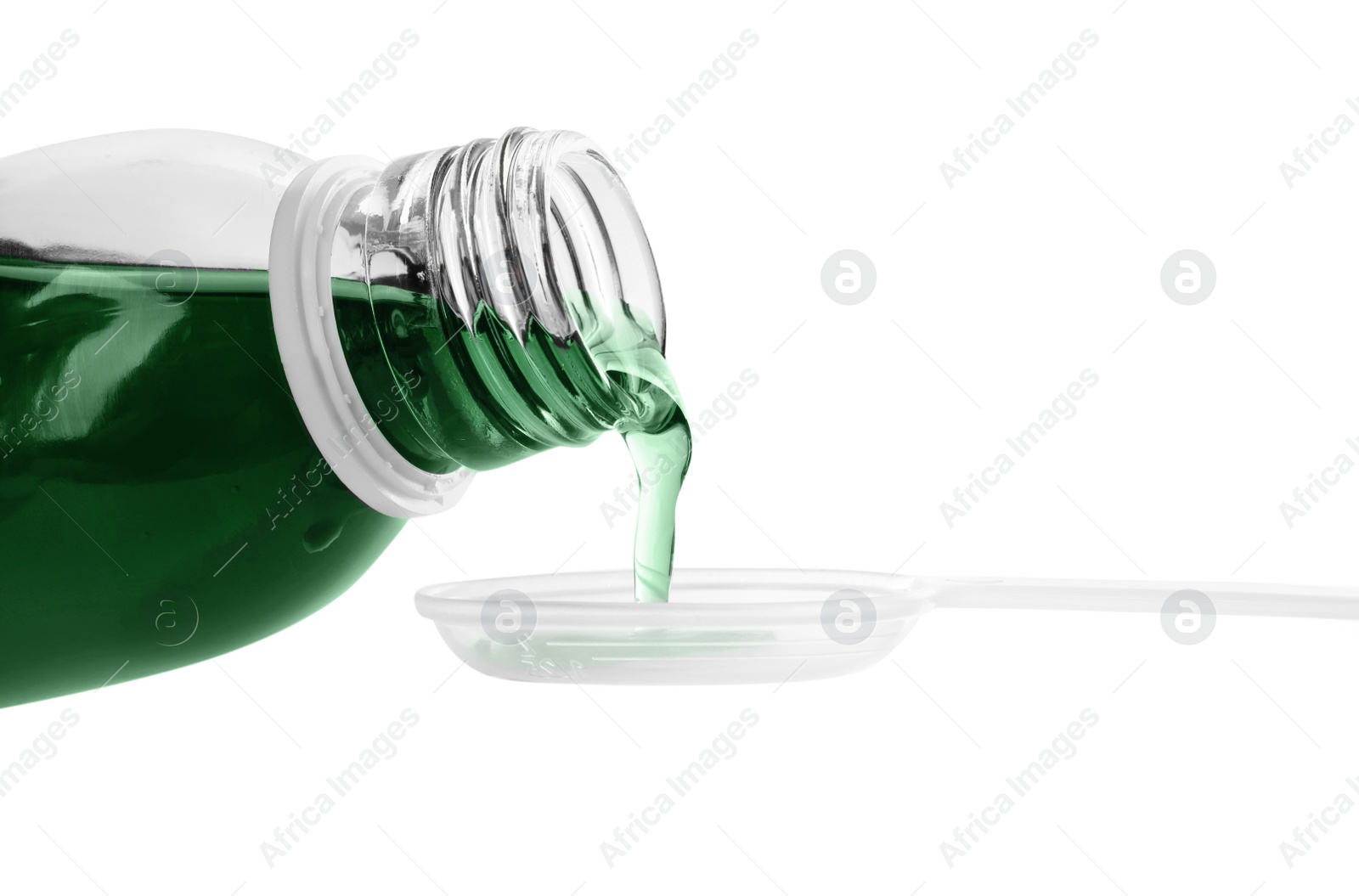 Photo of Pouring syrup into spoon from bottle isolated on white, closeup. Cough and cold medicine