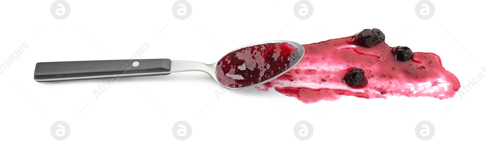 Photo of Tasty sweet jam and spoon isolated on white