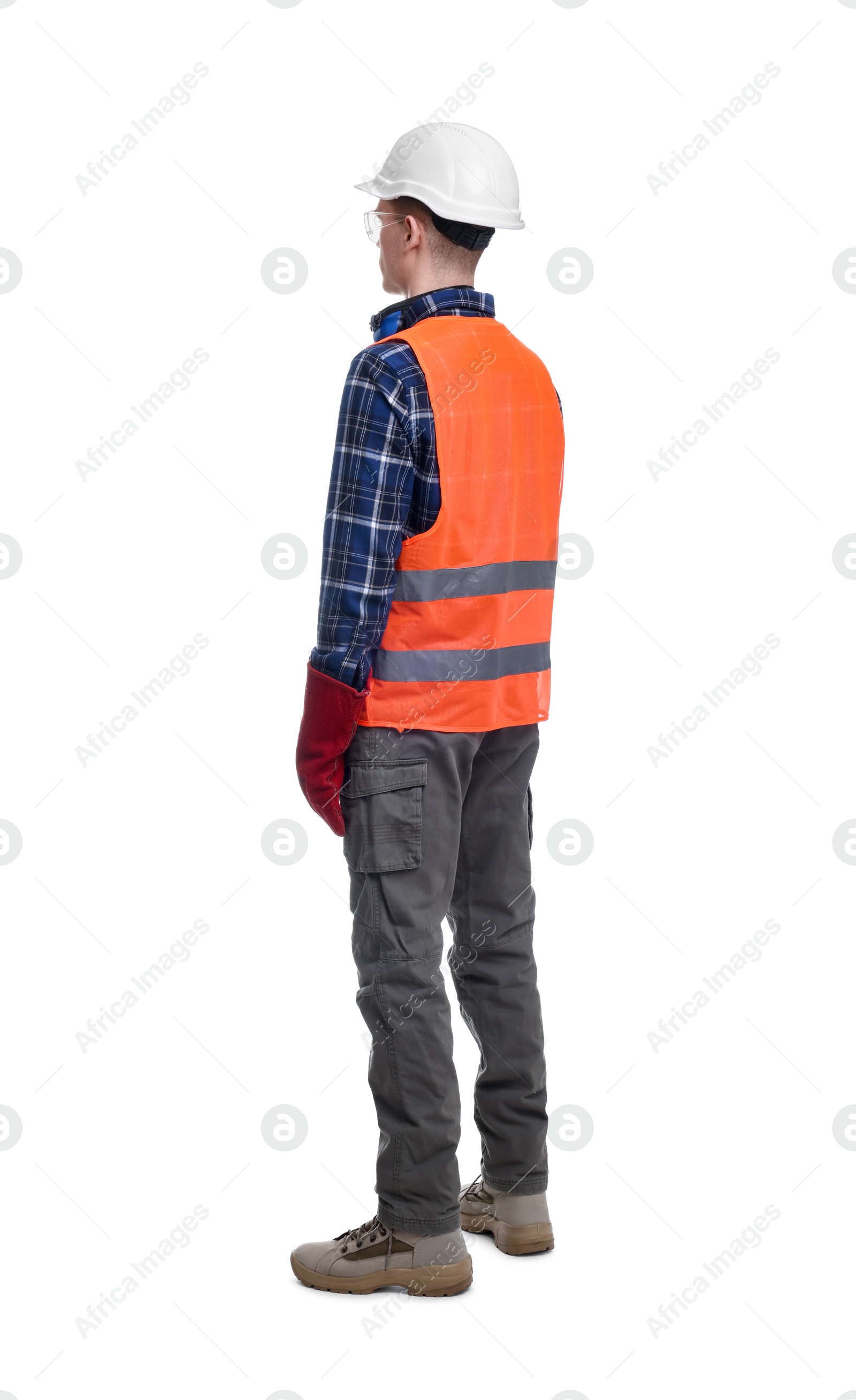 Photo of Young man wearing safety equipment on white background