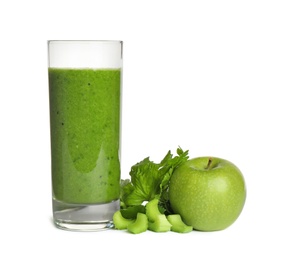 Photo of Green juice and fresh ingredients on white background
