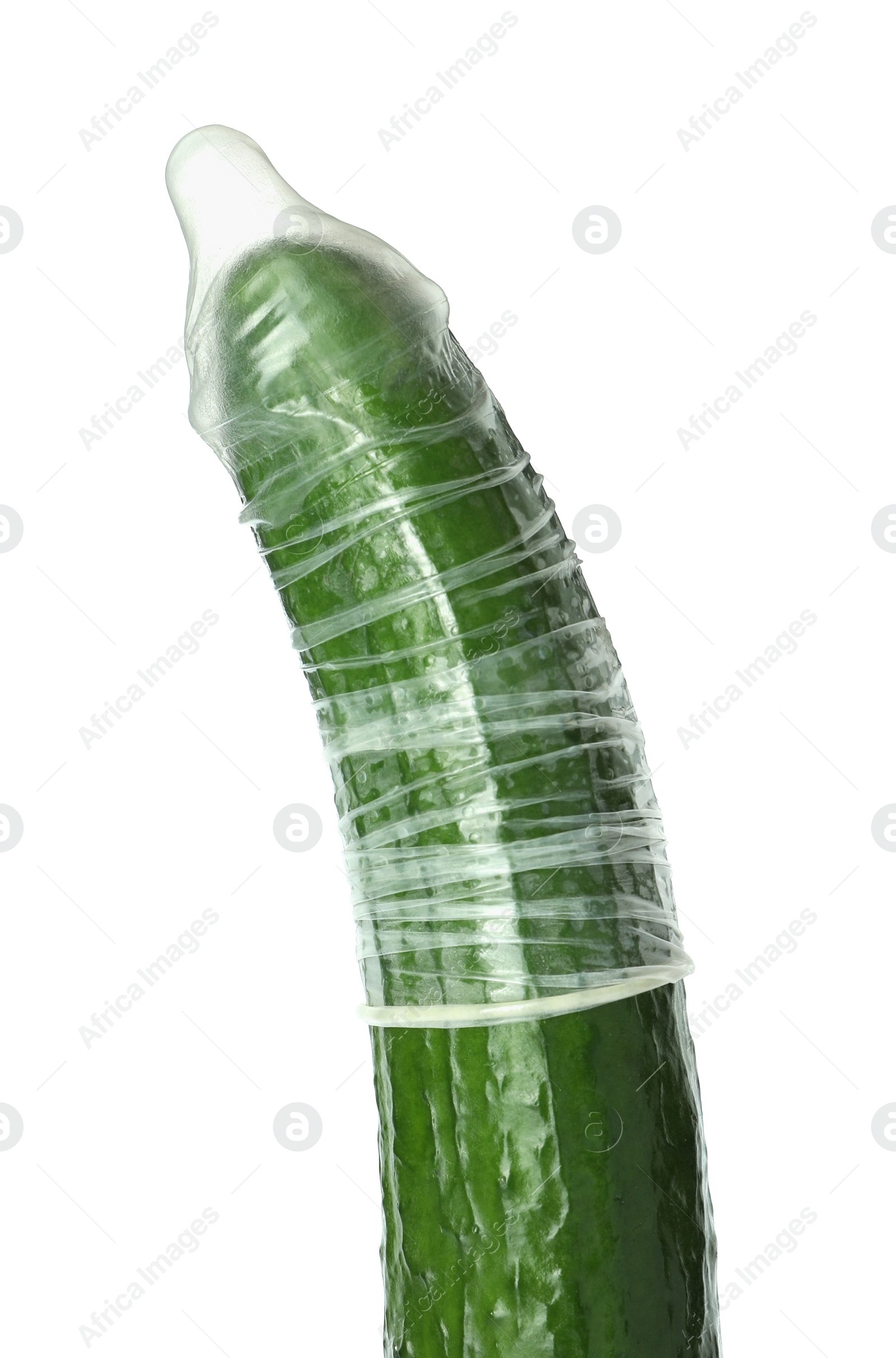 Photo of Cucumber with condom isolated on white. Safe sex concept