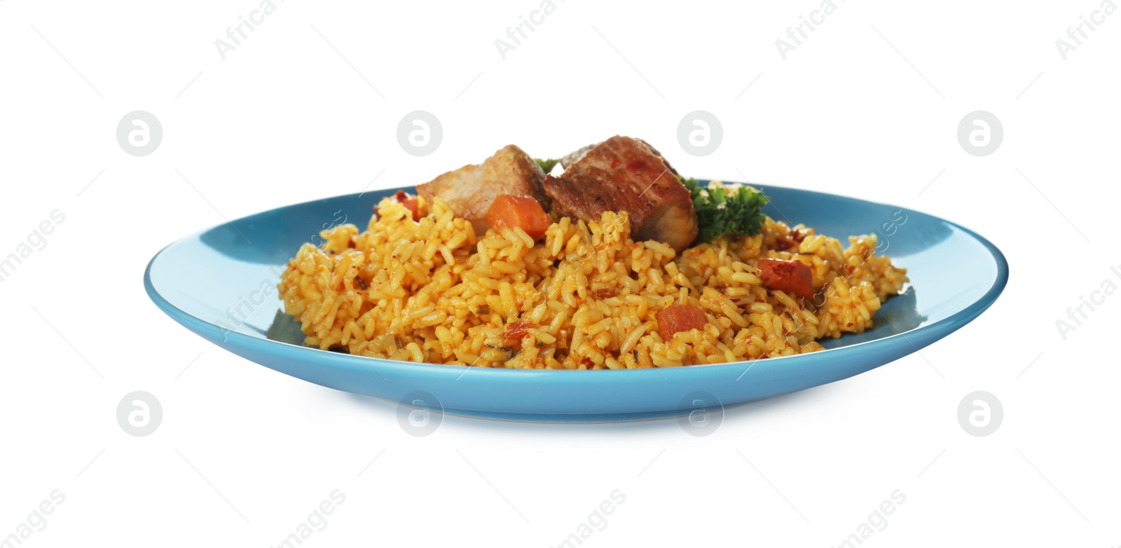 Photo of Plate with rice pilaf and meat on white background