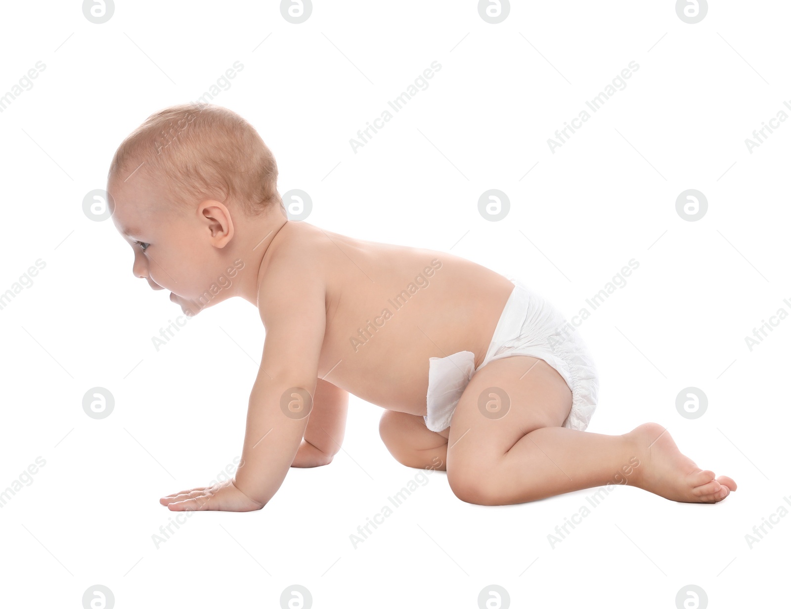 Photo of Cute little baby crawling on white background