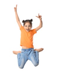 Photo of Cute little girl jumping on white background