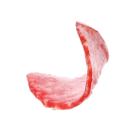 Photo of Cut fresh tasty sausage on white background