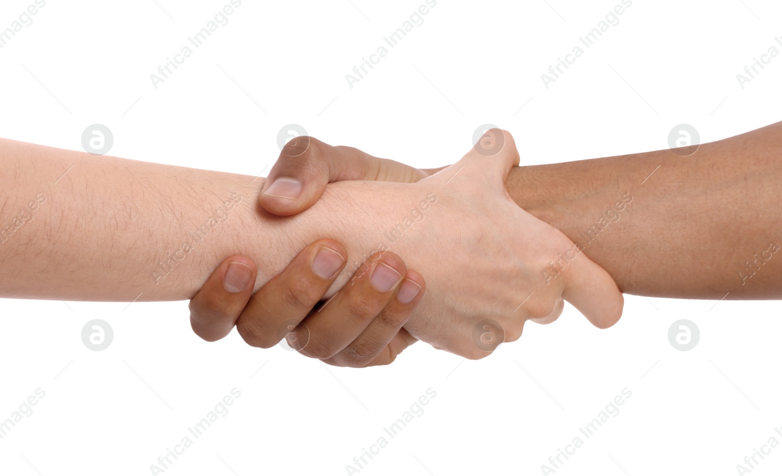 Photo of International relationships. People holding hands on white background, closeup