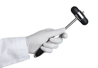 Photo of Doctor with reflex hammer on white background, closeup. Nervous system diagnostic