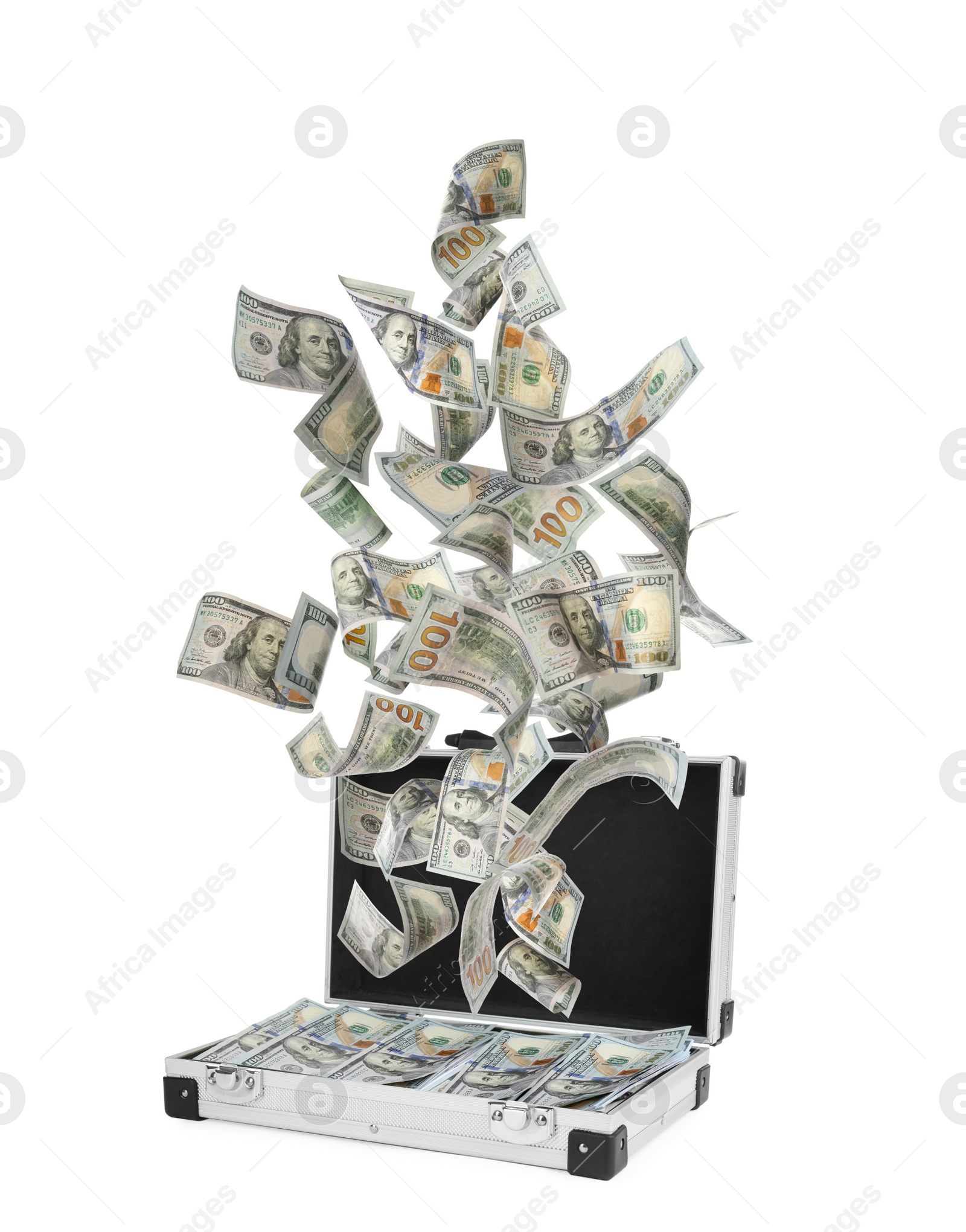 Image of Metal case and American dollars on white background. Flying money