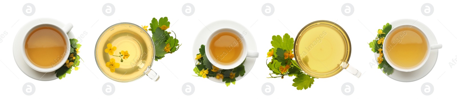 Image of Set with cups of  aromatic celandine tea on white background, top view. Banner design