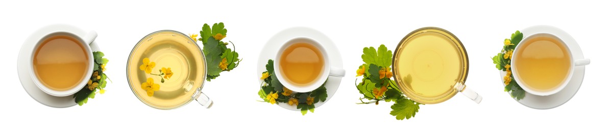 Set with cups of  aromatic celandine tea on white background, top view. Banner design