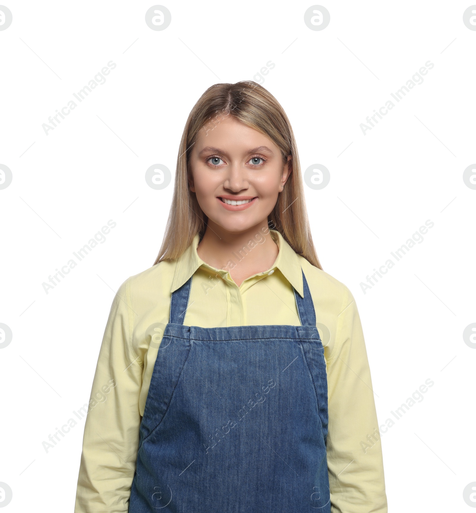 Photo of Beautiful young woman in denim apron on white background