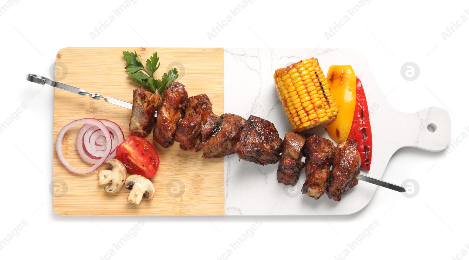 Photo of Metal skewer with delicious shish kebab, parsley and vegetables isolated on white, top view