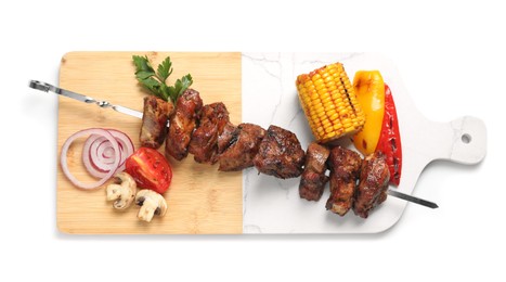 Photo of Metal skewer with delicious shish kebab, parsley and vegetables isolated on white, top view