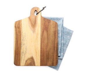 Photo of Wooden cutting board with kitchen towel isolated on white, top view. Cooking utensil
