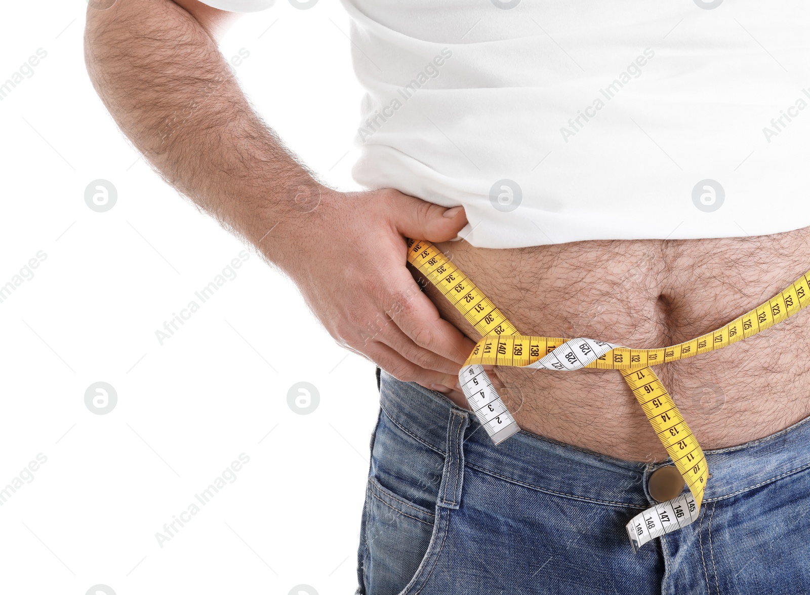 Photo of Overweight man with large belly and measuring tape isolated on white, closeup