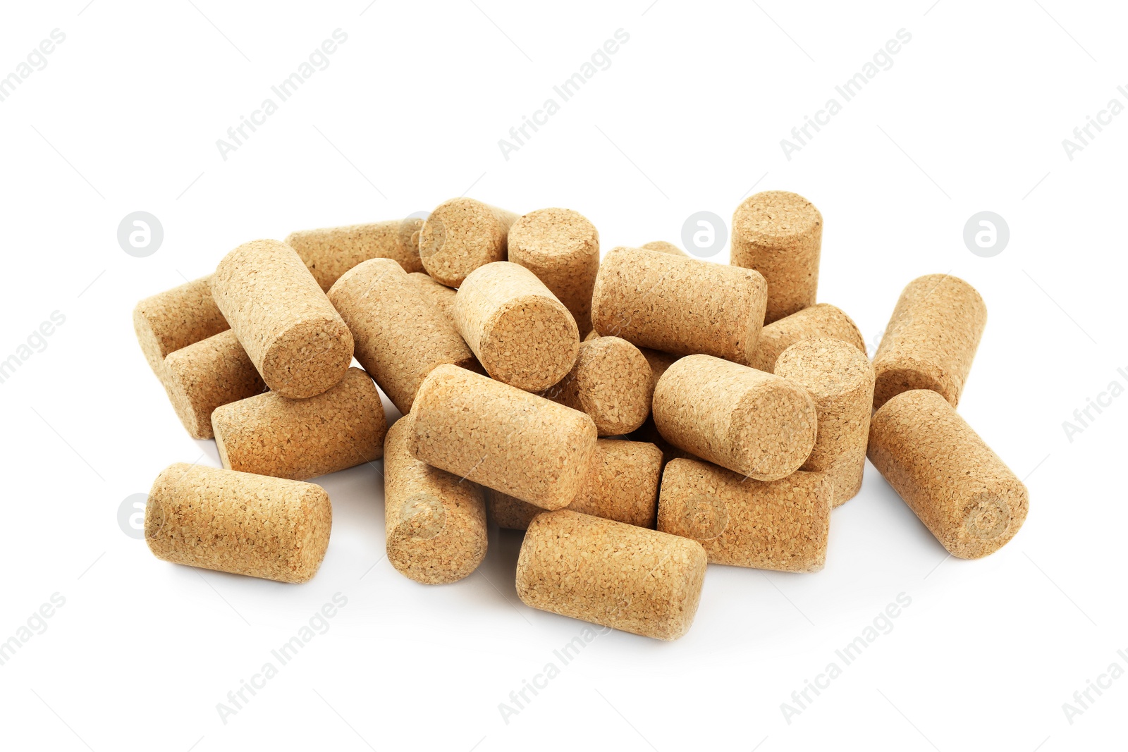 Photo of Heap of wine bottle corks isolated on white