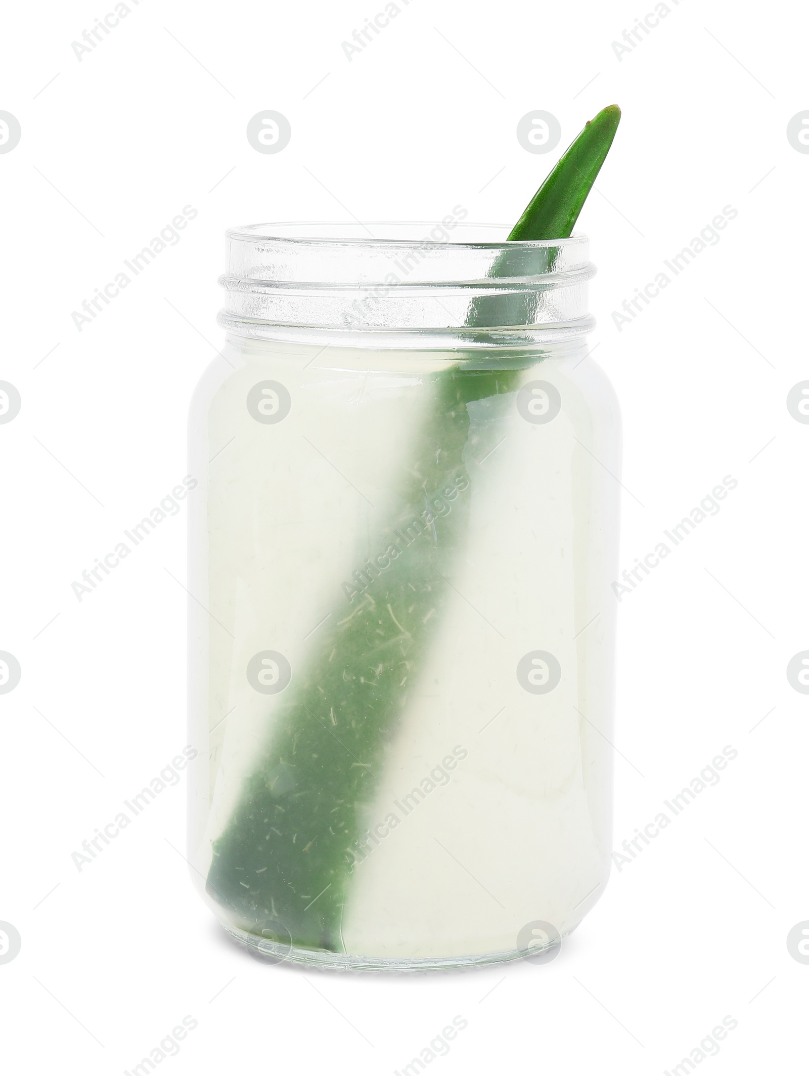 Photo of Fresh aloe juice in jar with leaf isolated on white