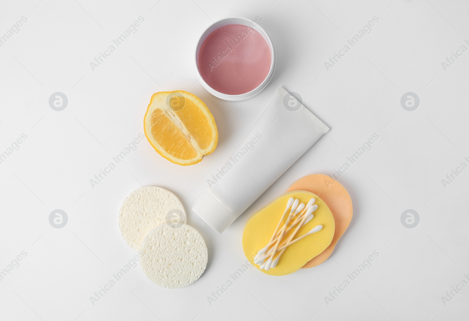 Photo of Lemon face wash. Fresh citrus fruits and personal care products on white background, flat lay