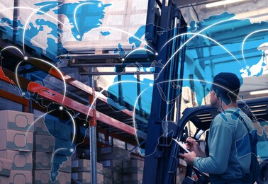 Worldwide logistics. Worker near forklift truck with cardboard boxes in warehouse and illustration of map