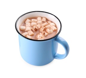 Cup of aromatic hot chocolate with marshmallows and cocoa powder isolated on white