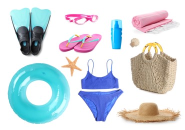 Image of Set with different beach accessories on white background 