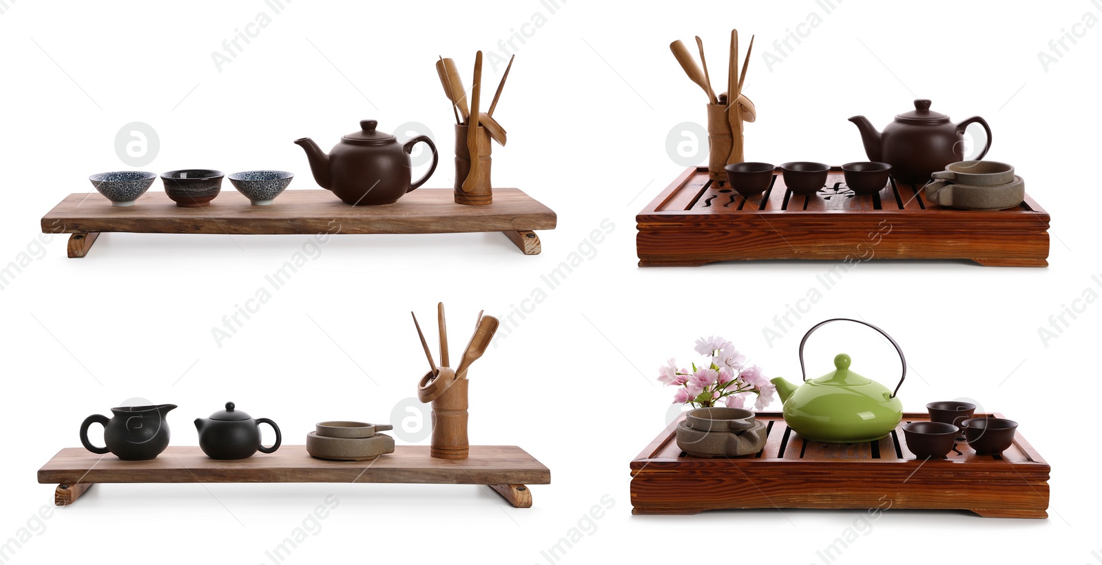 Image of Beautiful sets for traditional tea ceremony on white background, collage. Banner design