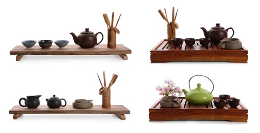 Beautiful sets for traditional tea ceremony on white background, collage. Banner design