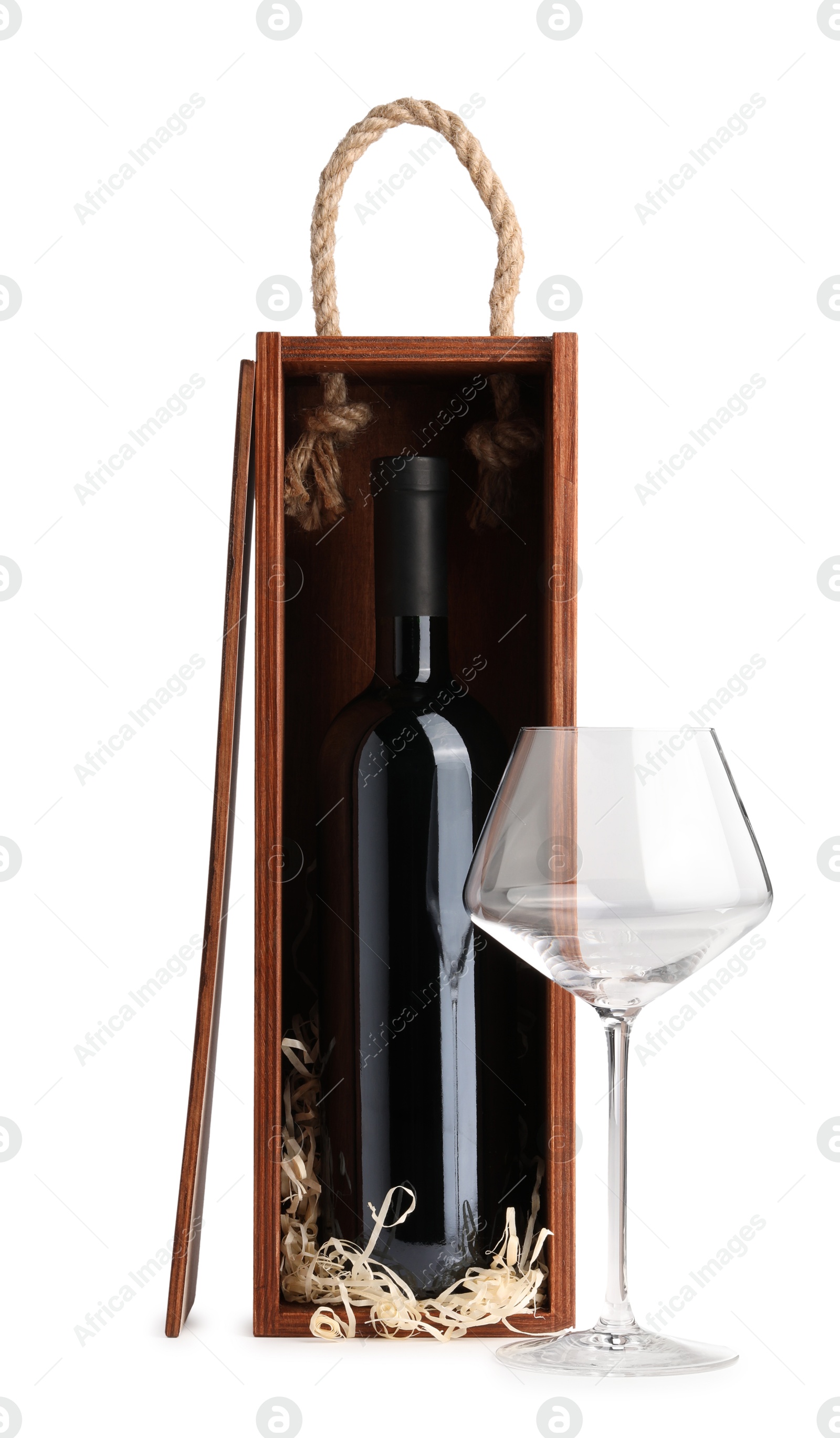 Photo of Wooden gift box with wine and glass isolated on white