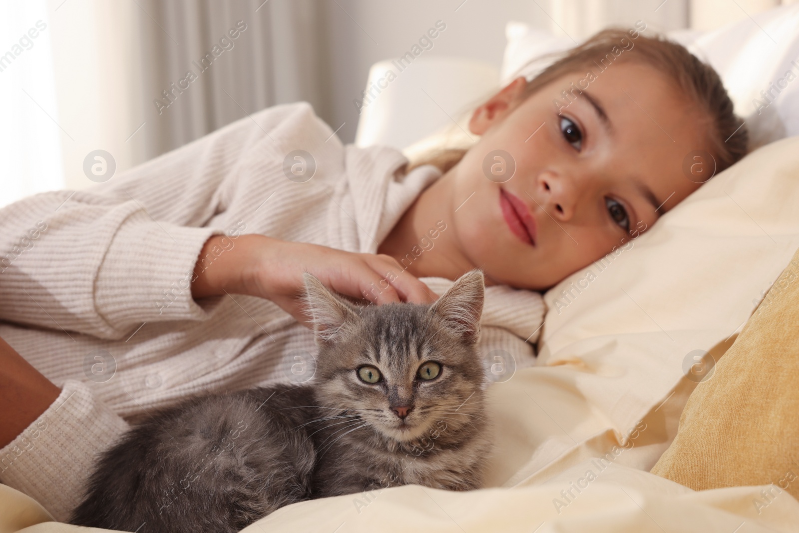 Photo of Cute little child with kitten at home, focus on pet