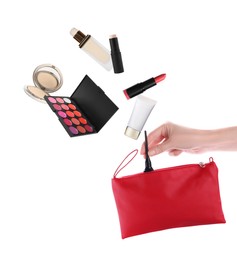 Makeup products. Woman taking eyeliner from cosmetic bag on white background, closeup