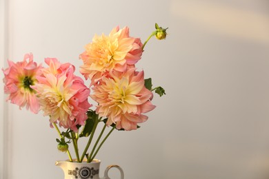 Photo of Beautiful dahlia flowers in jug on light background, space for text. Autumn mood