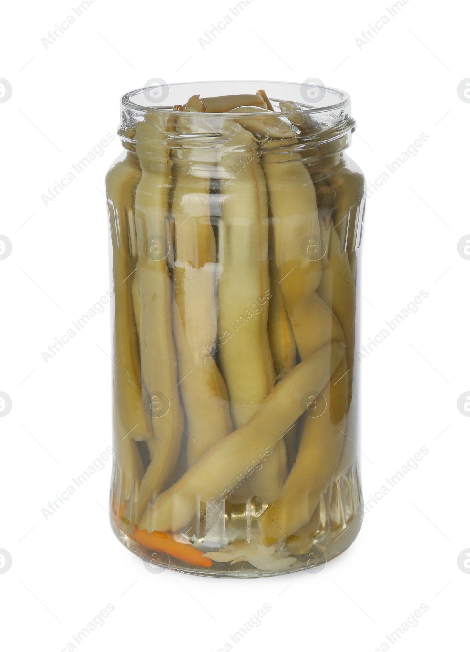 Photo of Canned green beans in jar isolated on white