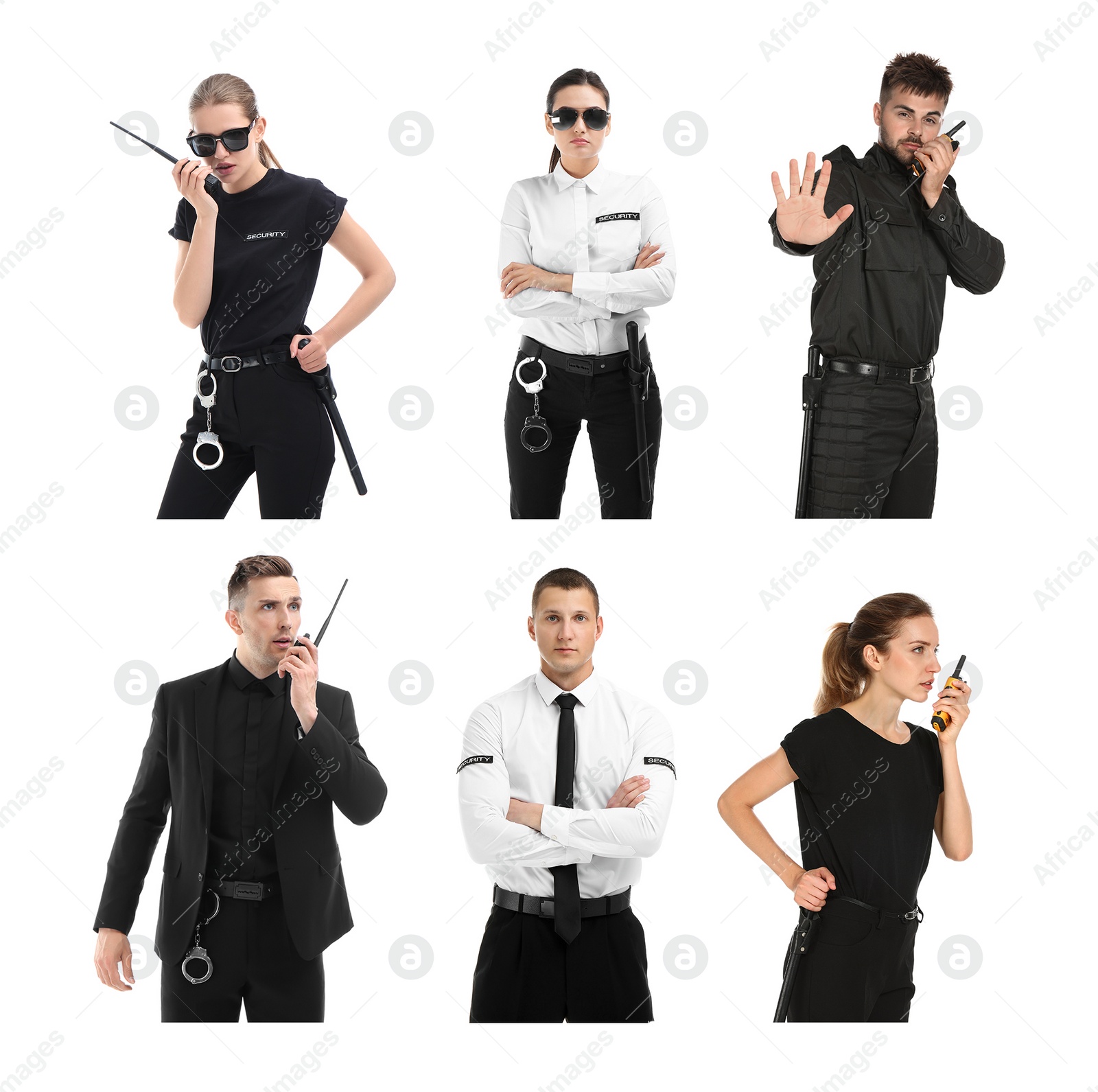 Image of Collage of different professional security guards on white background