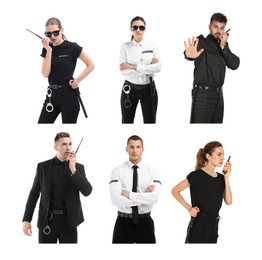 Image of Collage of different professional security guards on white background