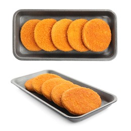 Uncooked breaded cutlets on white background, collage