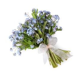 Bouquet of beautiful forget-me-not flowers on white background, top view. Space for text