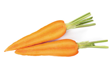 Photo of Halves of fresh ripe carrot isolated on white, top view