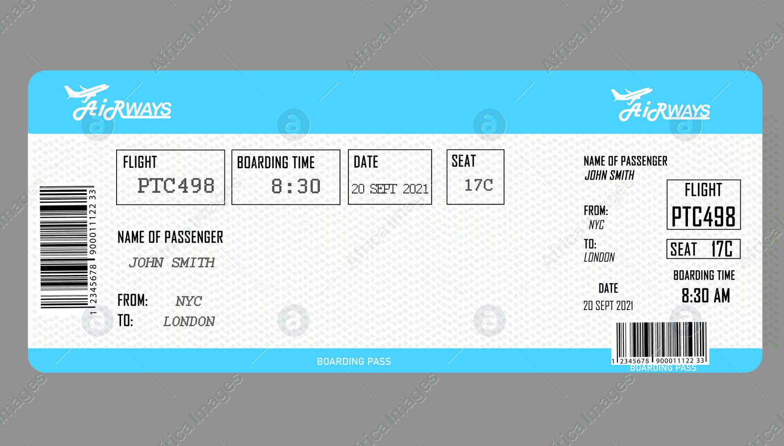 Illustration of  airline boarding pass on grey background 