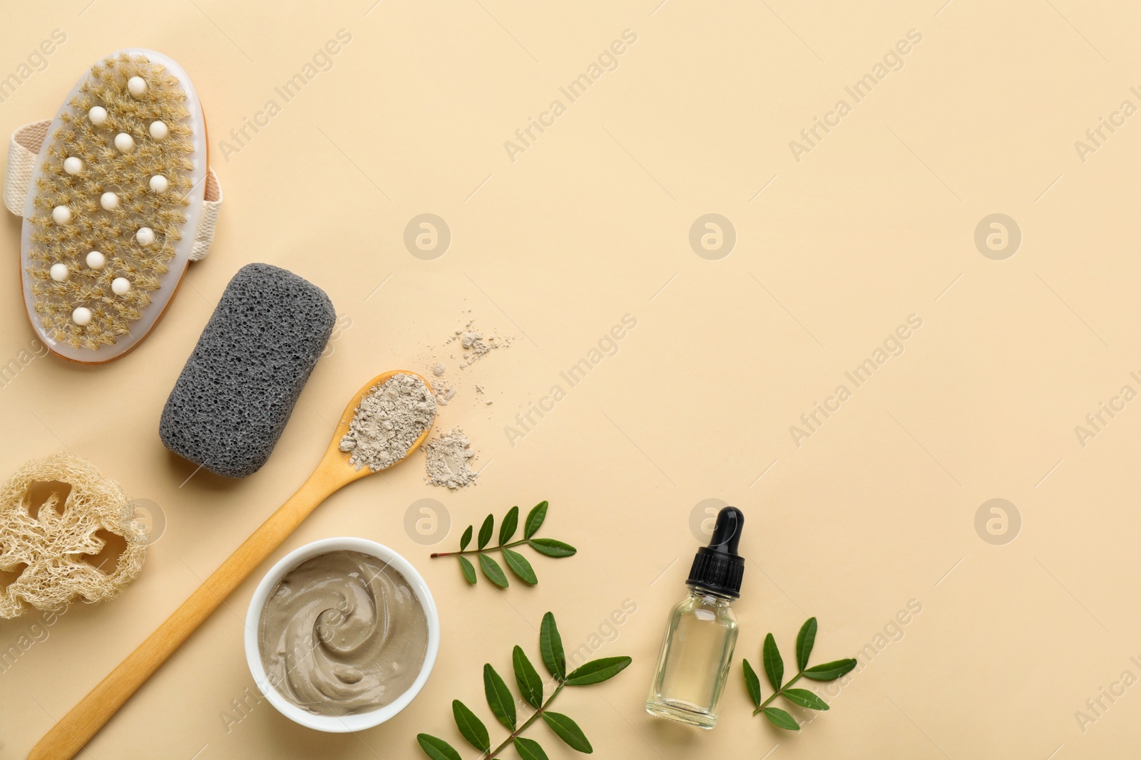 Photo of Flat lay composition with pumice stone on beige background. Space for text