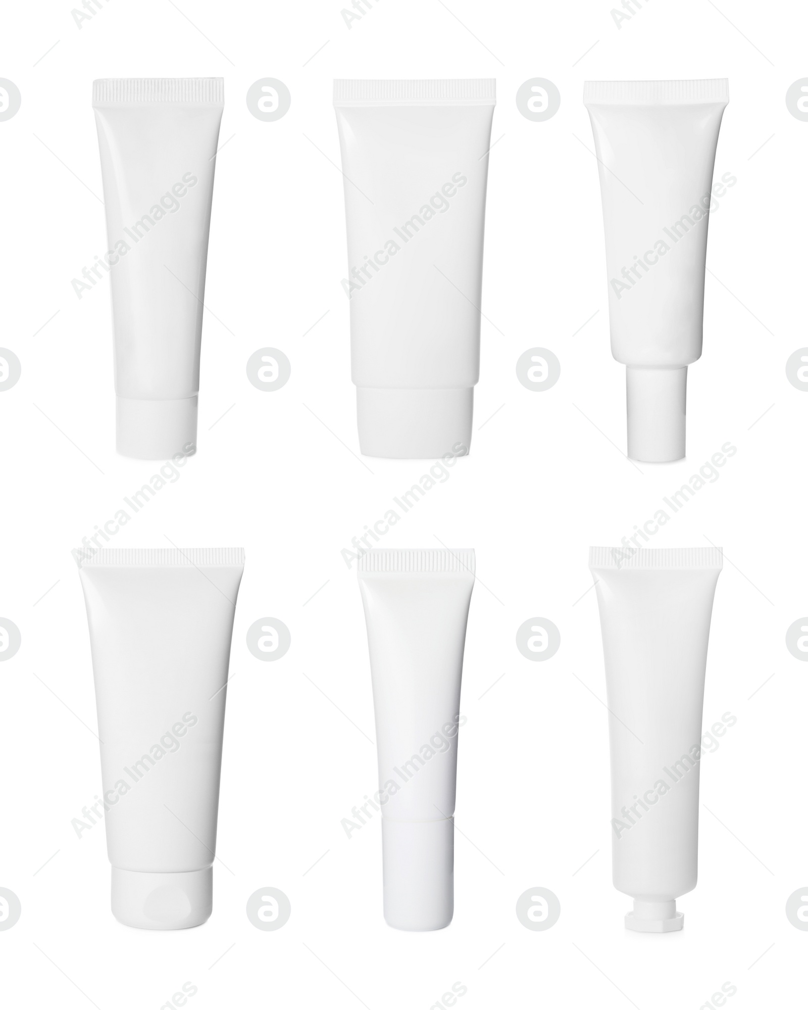 Image of Set with blank tubes of cosmetic products on white background. Mockup for design