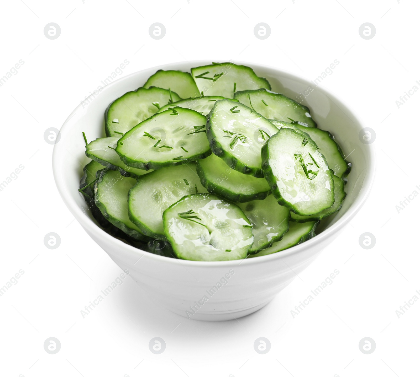 Photo of Delicious cucumber salad with dill in bowl on white background