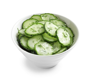 Photo of Delicious cucumber salad with dill in bowl on white background