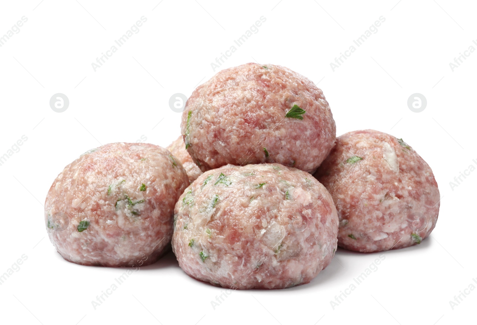 Photo of Many fresh raw meatballs on white background