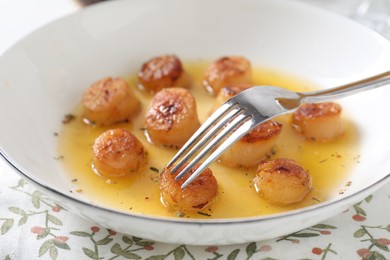 Photo of Delicious fried scallops served on white table