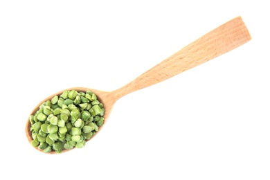 Photo of Spoon with dried peas on white background, top view